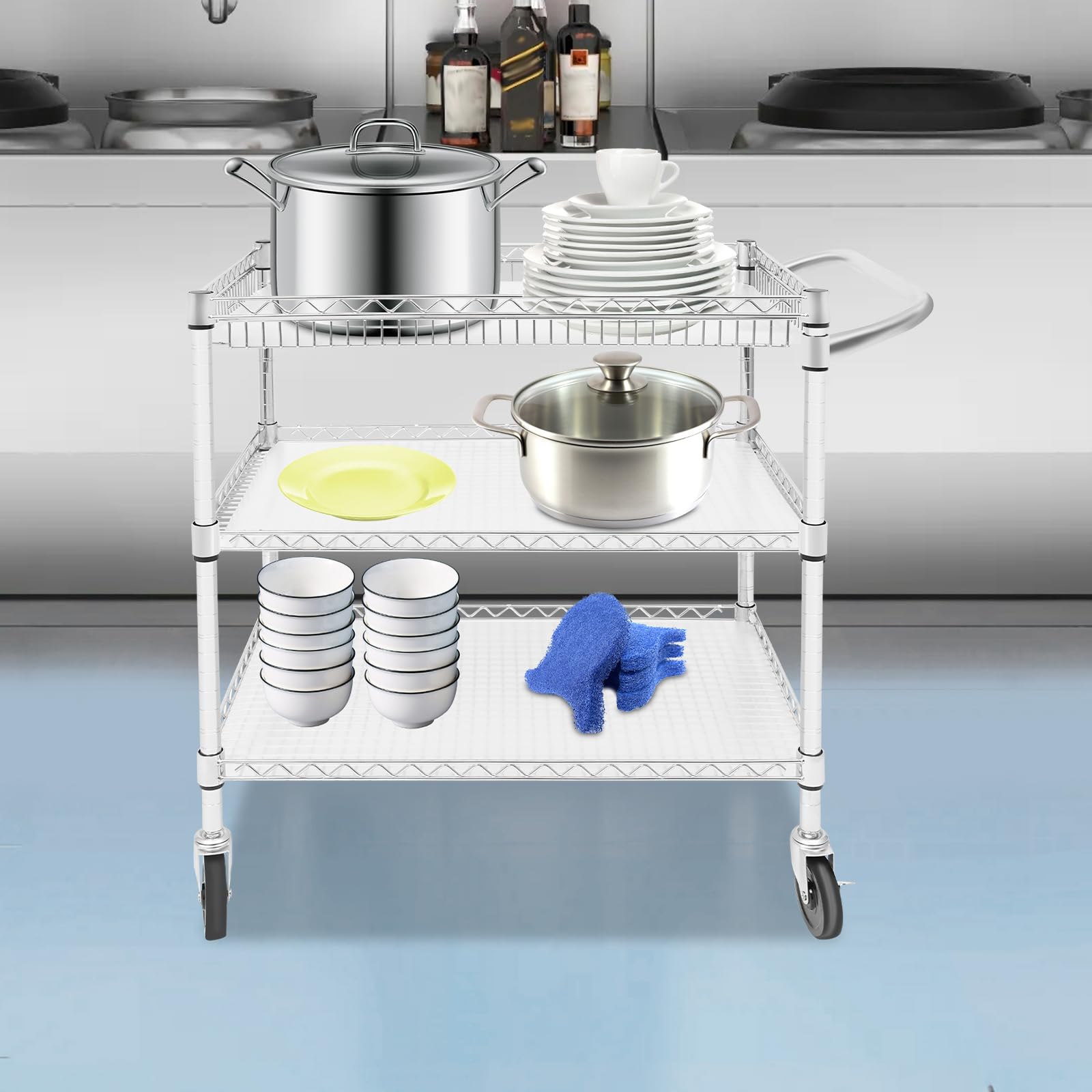 Carro de servicio con ruedas, 3 estantes, carrito de cocina con ruedas, carrito de servicio para restaurante o cocina, hotel, capacidad de carga de hasta 150 kg