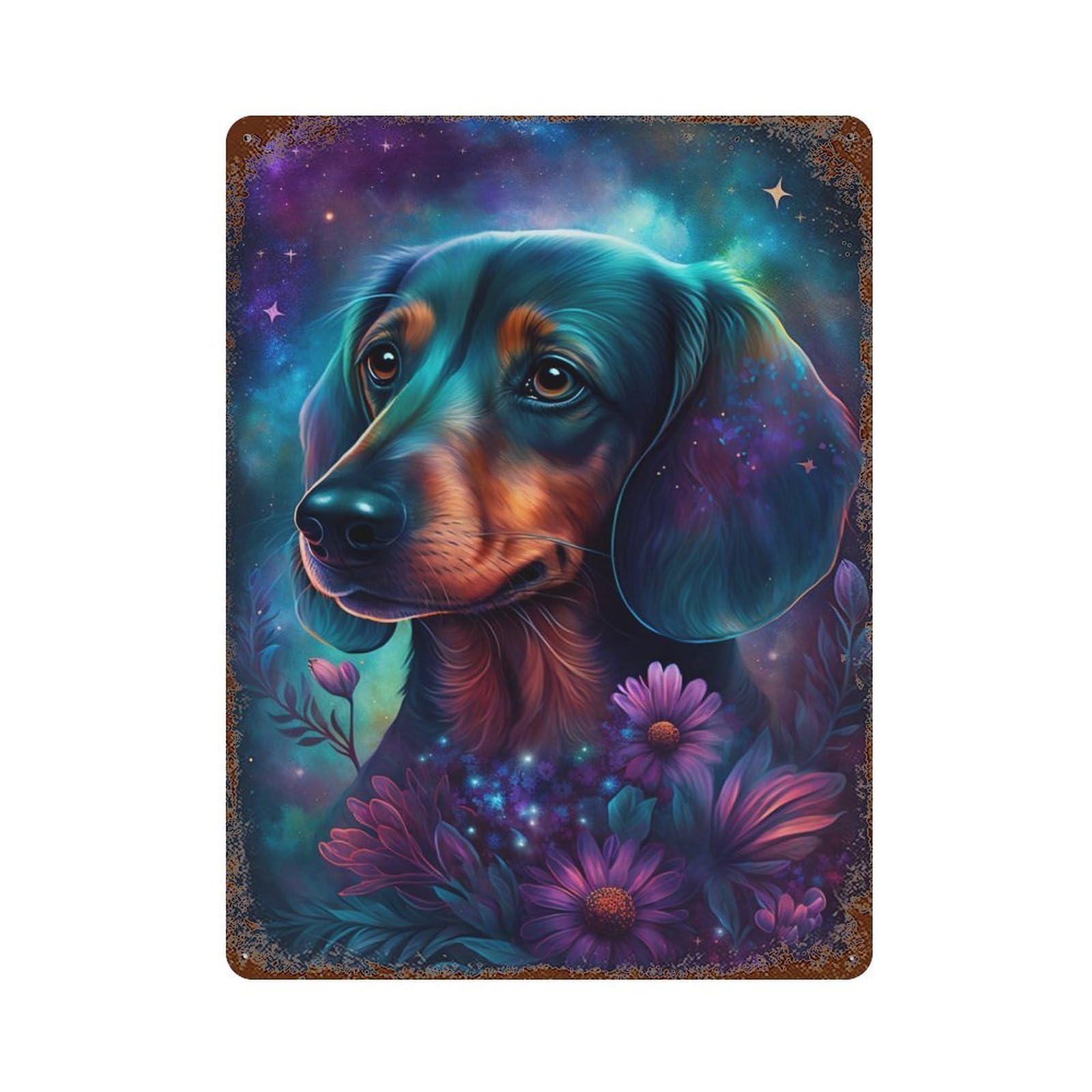 Galactic Dachshund with Flowers -11 15.7"x11.8" Distressed Metal Wall Sign, Shabby Chic Decor for Shed, Workshop And Garage Wall Decor