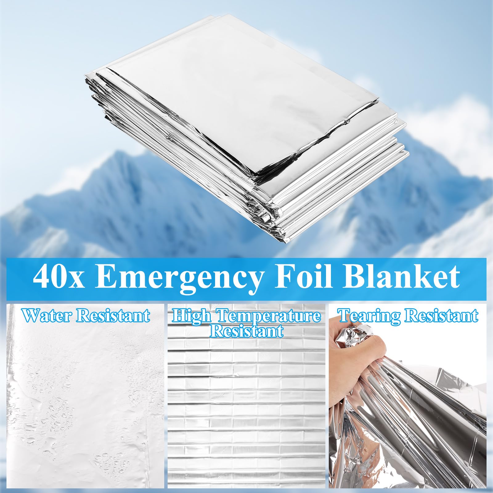 YOUNTHYE Paquete de 40 mantas de emergencia, 130 x 210 cm, manta de supervivencia empaquetada individualmente, mantas térmicas reflectantes de aluminio, para exteriores, supervivencia, senderismo