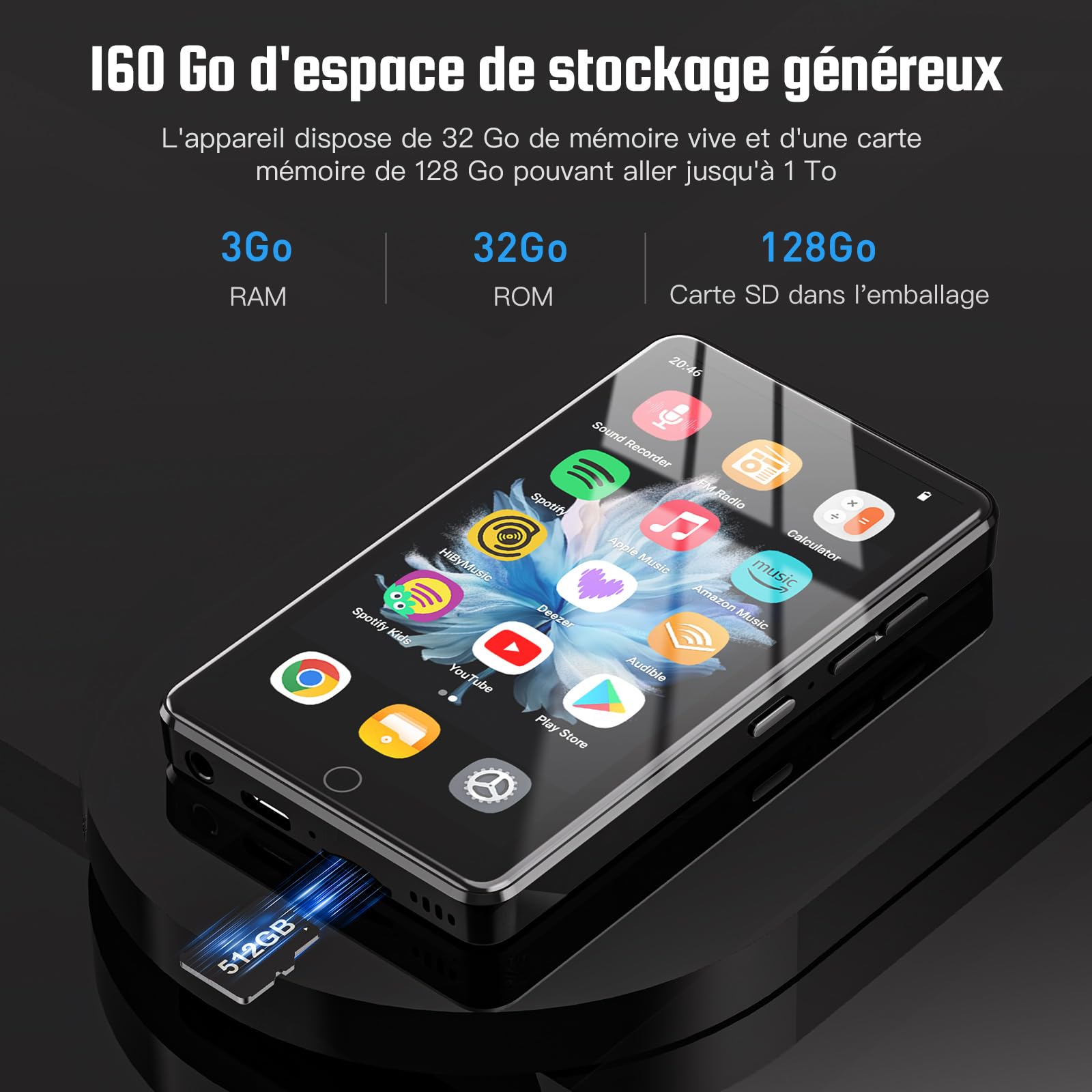 Lecteur MP3 160 Go avec système d'exploitation Android 13, Lecteur MP3 4.02" avec Bluetooth et WiFi, Lecteur MP4 HD 1080P, Lecteur de Musique préchargé avec Spotify, Deezer, Audible et Play Store