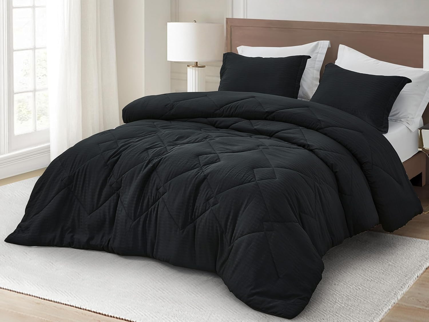 Chezmoi Collection Hugo 3-Piece Textured Thin Comforter Set - Lightweight Woven Design - Soft Microfiber Bedding for All Season, Queen, Black