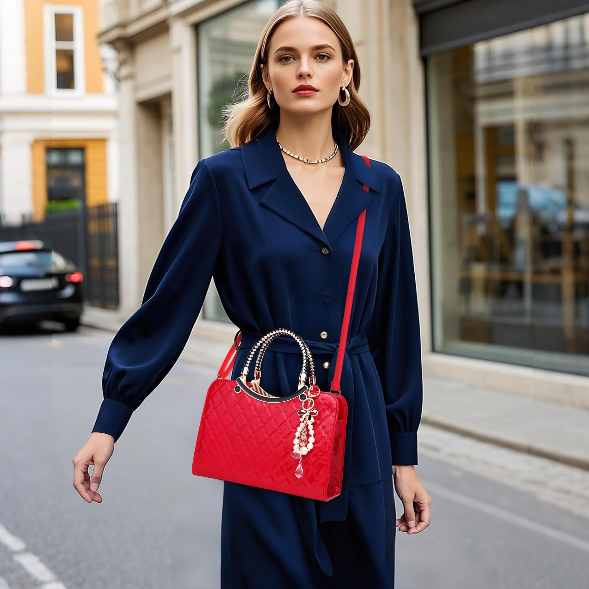DIRRONA Borsa a Mano Donna in Pelle PU Lucida Trapuntata Elegante con Decorazione Fiocco e Perle – Borsa Donna per Matrimonio, Eventi Formali, Ufficio e Uso Giornaliero Rosso Vivace