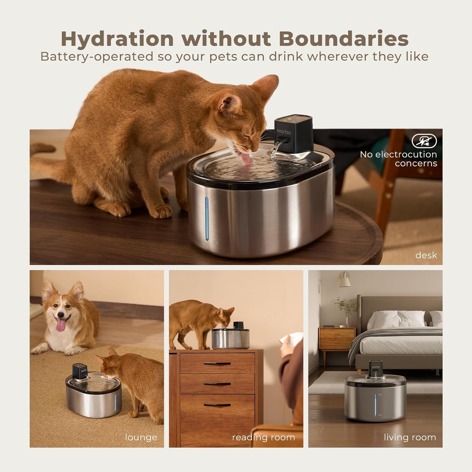 Smartoo Wireless Cat Water Fountain Stainless Steel, 152oz/4.5L Cat Fountain Battery Operated, Cordless Pet Water Fountain for Cats & Dogs with Motion Sensor, Ultra Quiet Pump, 6 Filters