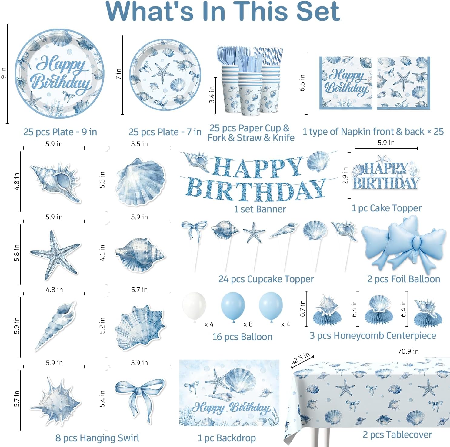 Seashell Birthday Decorations, Blue Coastal Beach Party Decorations All-in-One Set Serves 25, 233PCS Ocean Theme Supplies with Banner Backdrop Tableware Tablecloth Balloons Cake & Cupcake Toppers