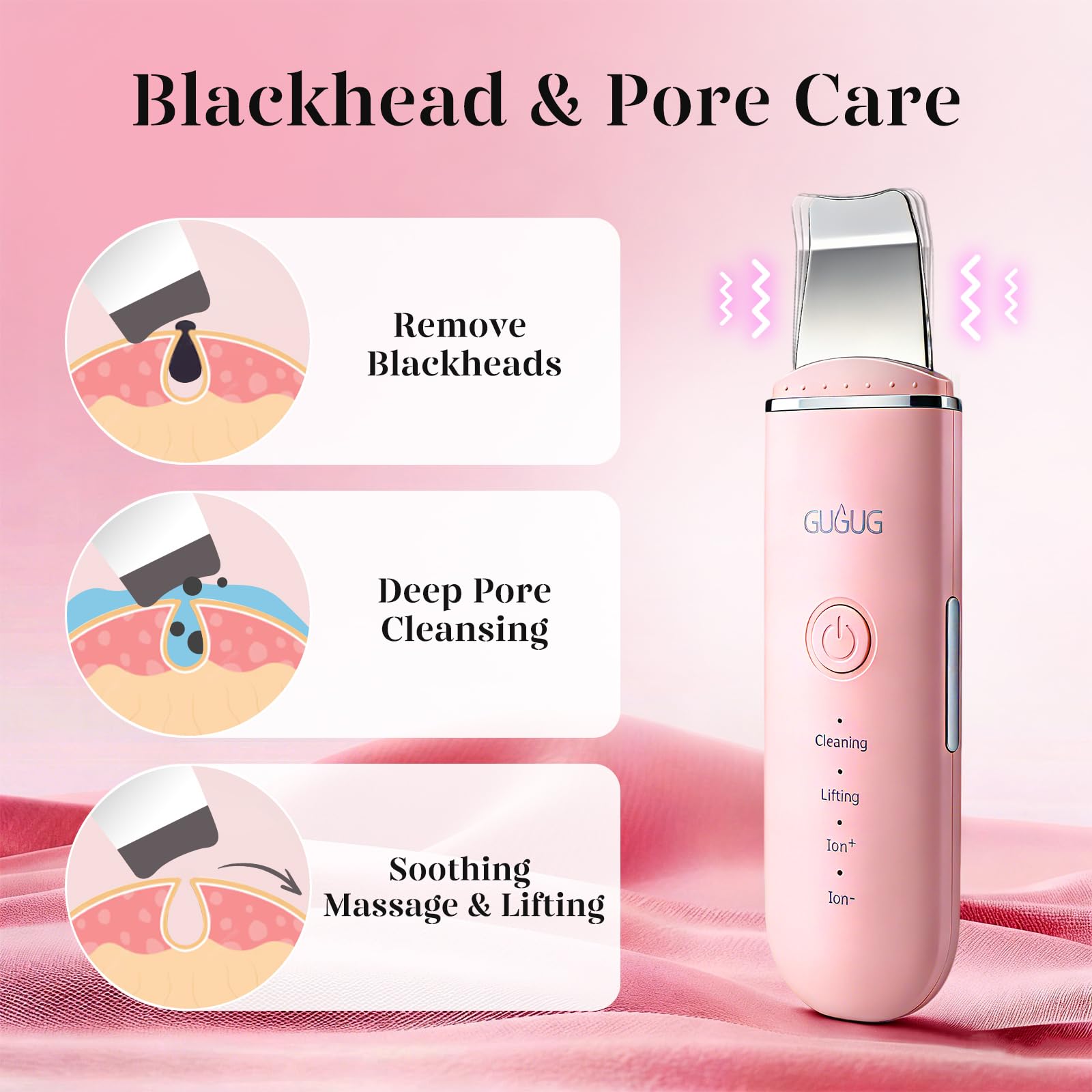 GUGUG Skin Scrubber Spatula Pore Cleaner Blackhead Remover,4 Modes,Pink view 2
