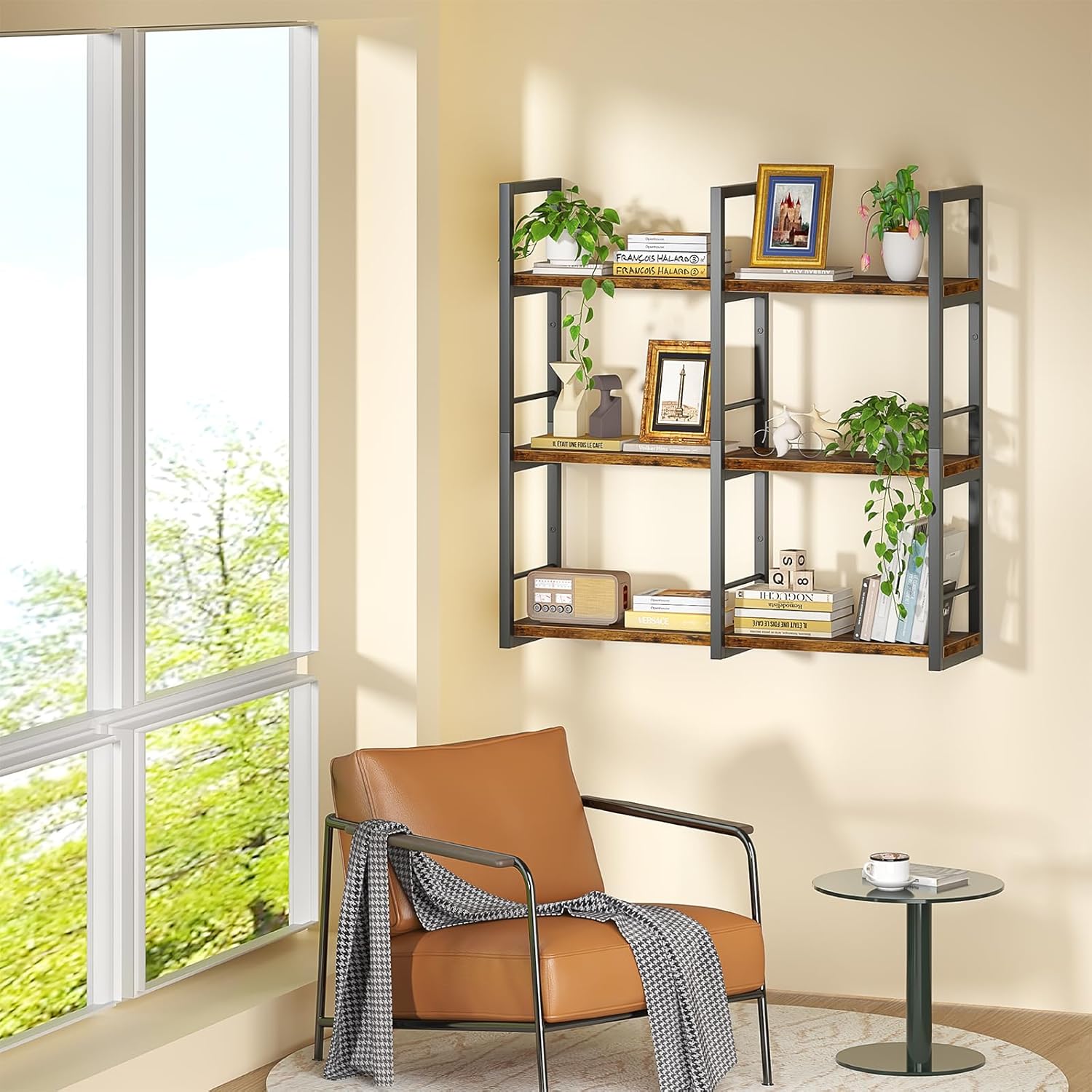 31.5 Inch Floating Shelves, 6 Tier Wood Shelves for Wall, Heavy Duty Wide Wall Mount Shelves for Living Room Bedroom Kitchen Classroom, Rustic Brown