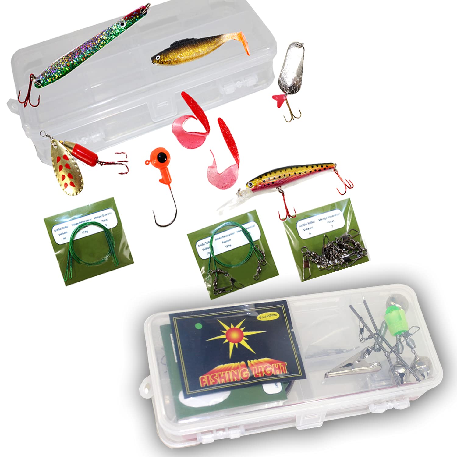 Vario Angelset Komplett Set Profi Forelle | 2x Rute 2x Rolle Spinnrolle Angelstuhl Angelbox Köder für Angelboxentasche Kescher