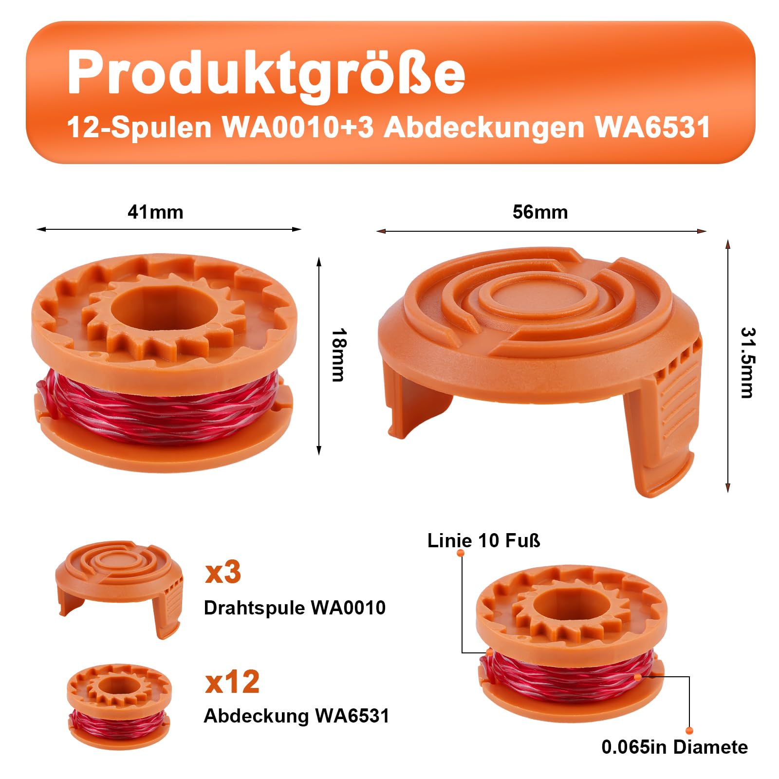 Zamienna szpula do podkaszarki do trawy Worx, wszystkie 20 V, szpula żyłki do podkaszarki, szpula zapasowa model WA0010 Ø 1,65 mm, długość 3 m (12 zapasowych szpul + 3 nasadki WA6531)