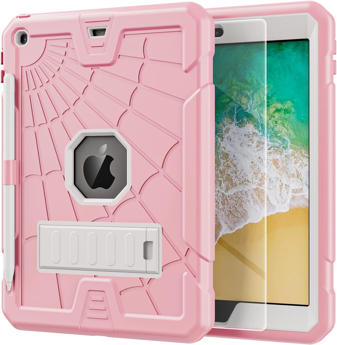 TSQQST iPad 5th/6th Generation Case Pink Purple for Kids Girls with Glass Screen Protector 2017 2018 | iPad Air 2 Case w/Stand+Strap+Pencil Holder | Shockprooof Case for iPad Pro 9.7 Inch | Colorful