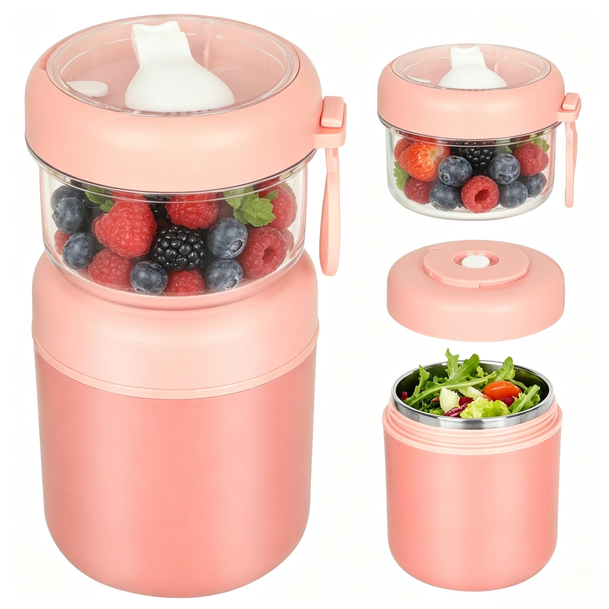 Müslibecher to go, Joghurtbecher to go Hat 2 Fächer, Sicher und Praktisch | Müsli to go Becher mit Edelstahl mit Deckel und Löffel, Tragbare Lunchbox für Kinder, für Oats,Joghurt,Meal,530ml+330ml(Rot)