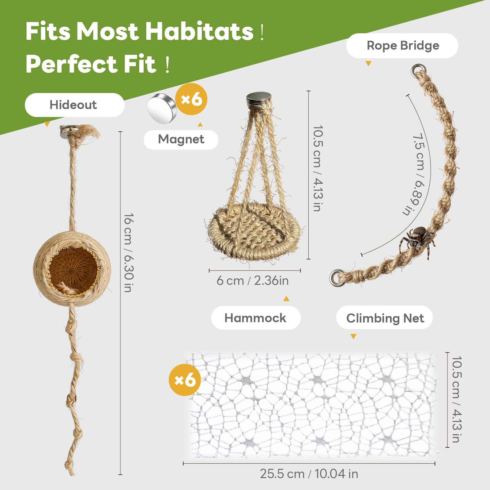 15 Stück Magnetisches Springspinnen Zubehör Set,Jute Vertikale Hängematten & Aufhängbare,Nest aus Natürlichem Hanfseil 6 Moosband,Kletterschaukel Erkunden Klettern (Nicht enthalten Terrarium)
