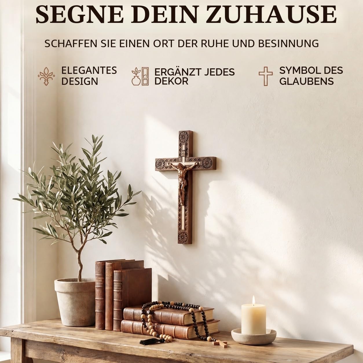 Woodvio - Handgefertigtes hölzernes Wandkreuz, Handgeschnitzte Oberfläche, katholisches Kruzifix