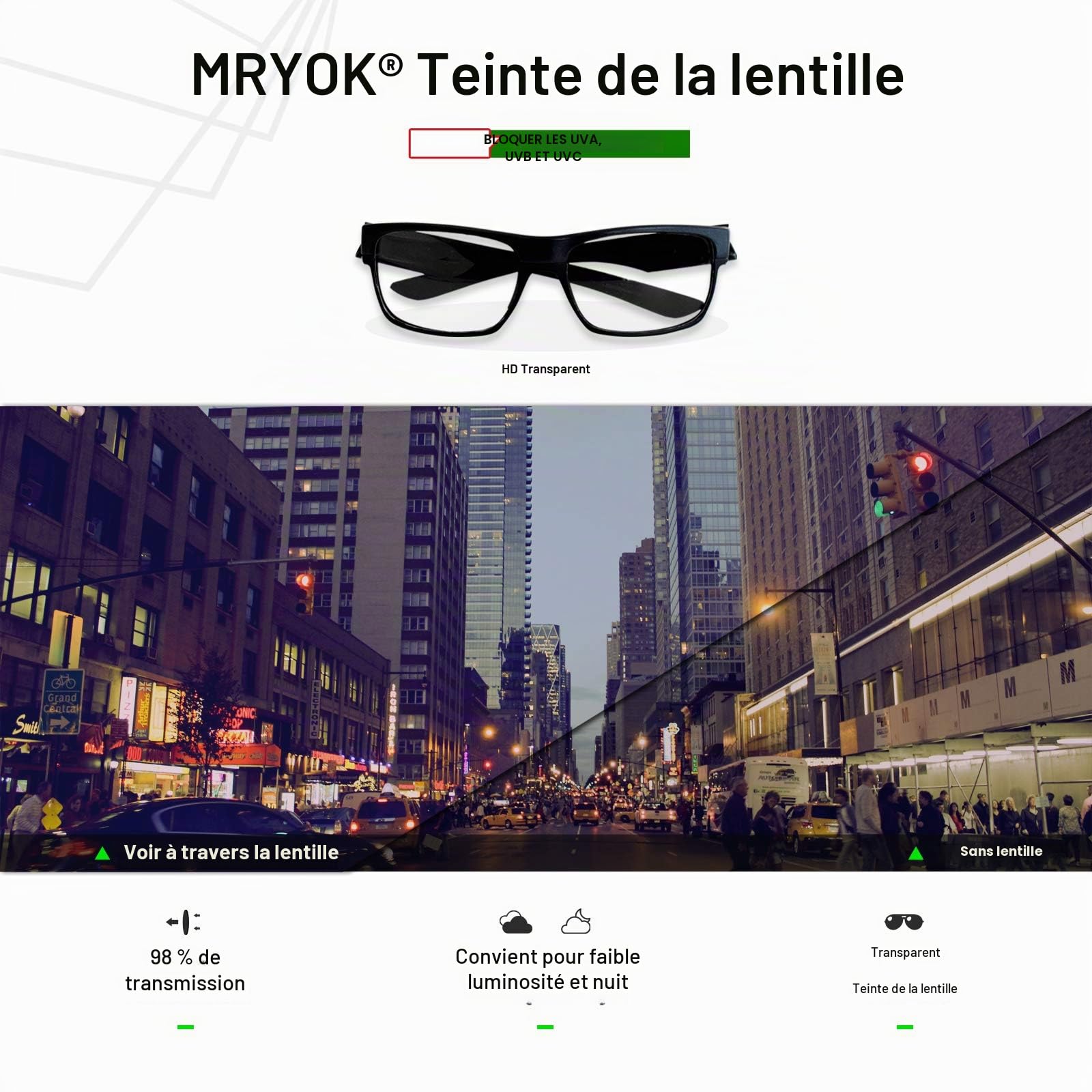Mryok Lentilles de rechange compatibles avec Ray-Ban Meta Wayfarer RW4008 53 mm - Options