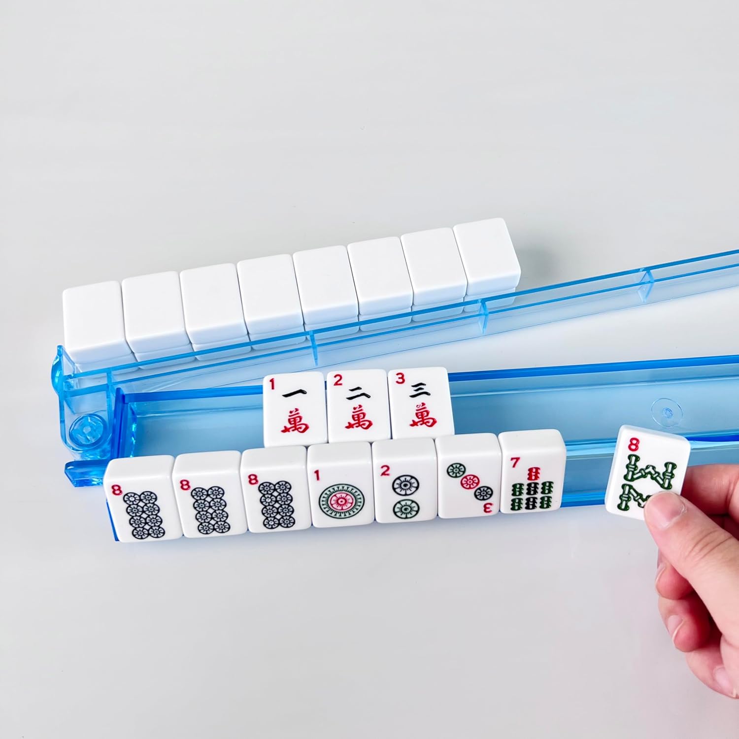DNB Mahjong Rack Pusher Set - 4 Transparent Acrylic Mahjong Rack with Built in Pushers Set - Multi Color