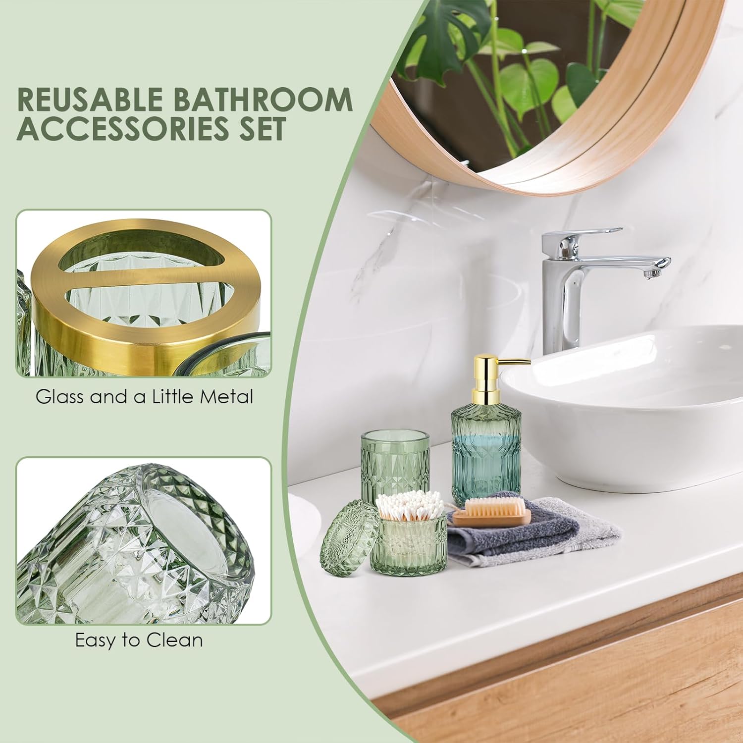 5pcs Glass Bathroom Accessories Set, Bathroom Accessories Complete Set, Soap Dispenser, Toothbrush Holder, Soap Dish, Tumbler, Cotton Swab Jar, Modern Bathroom Decor, Bathroom Accessory Set Green