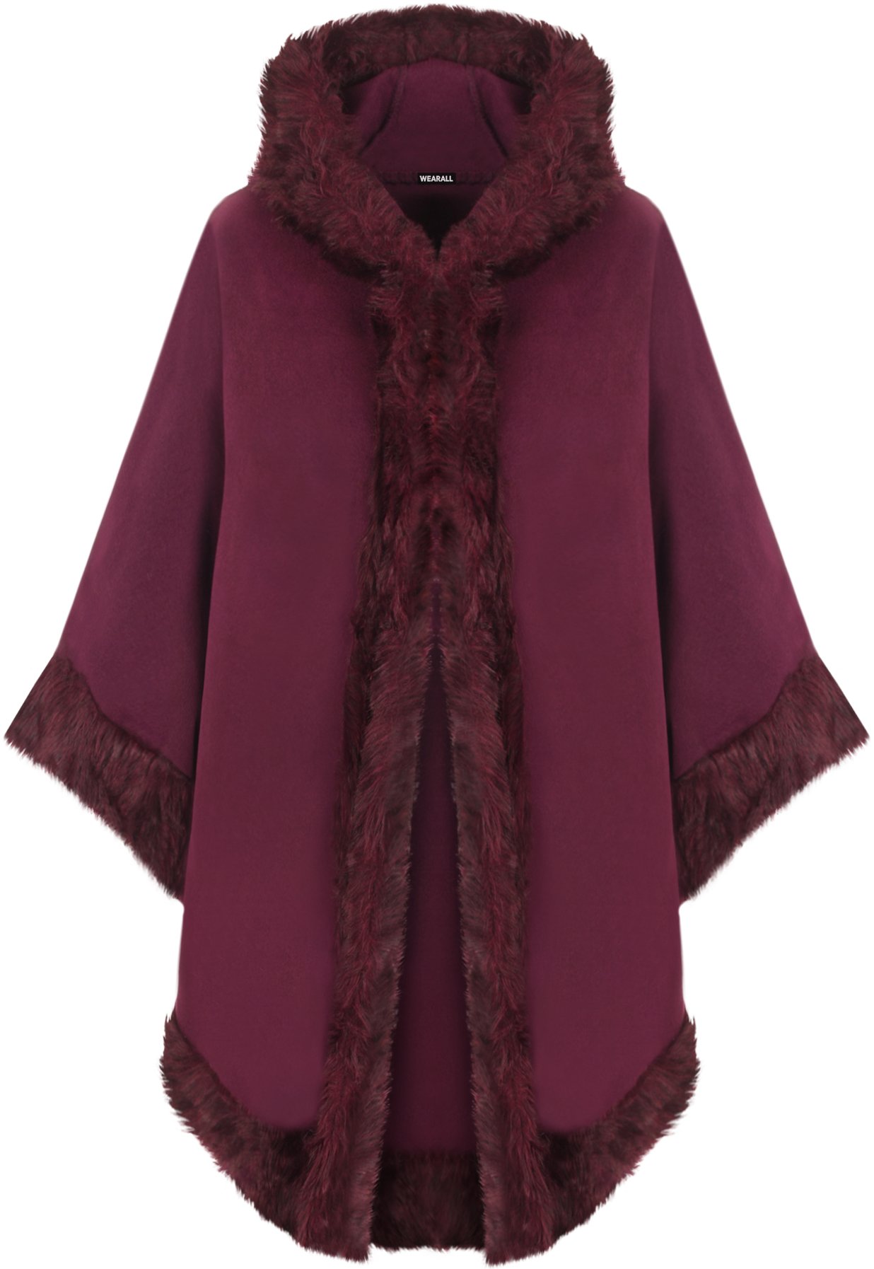 Wearall Women's Magenta Plain Faux Fur Trim Hood Cape Shawl Cloak Poncho Coat Top - One Size