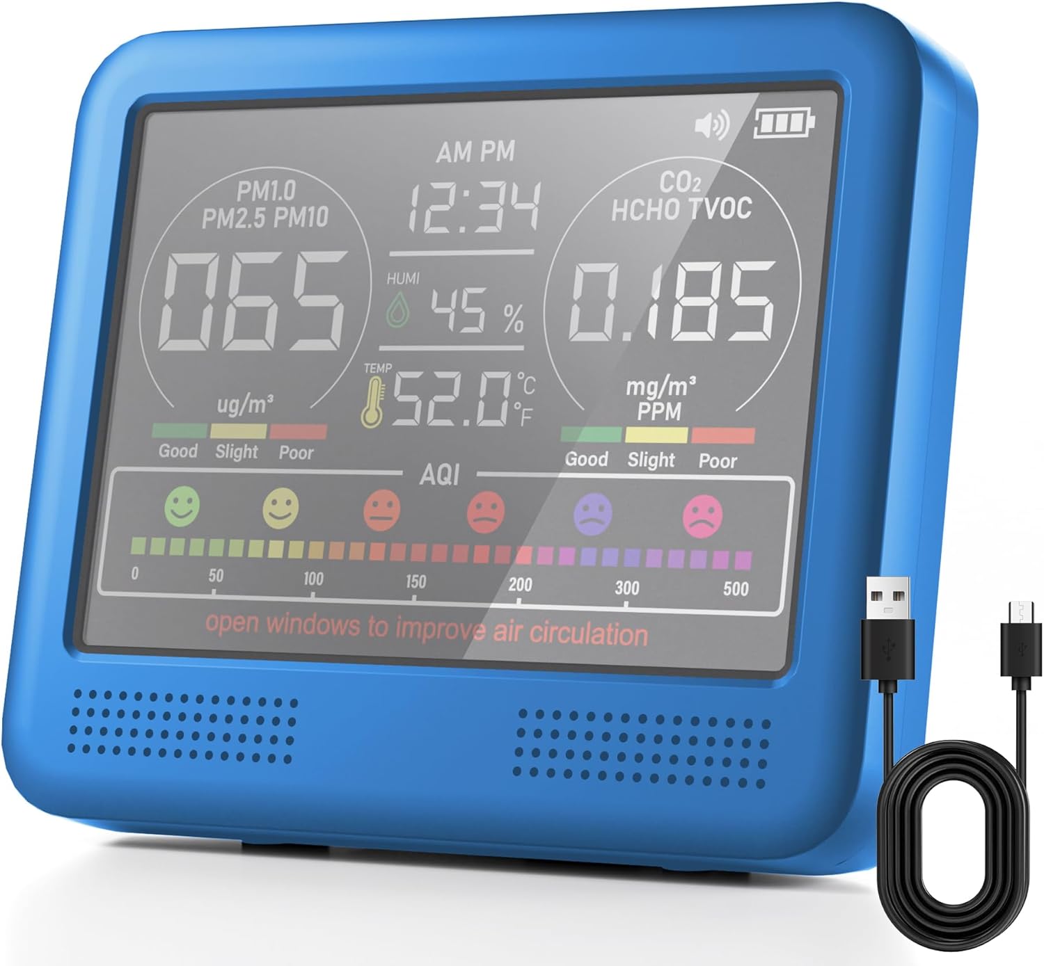 16-in-1 Indoor Air Quality Monitor with PM1.0,PM2.5,PM10,CO2,HCHO,TVOC,Temperature,Humidity,Time Display &7 AQI Alarms – Professional Air Quality Tester for Home, Office & Indoor Use (Lake Blue)