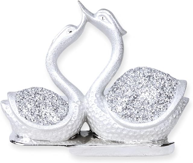 ProTech Crushed Diamond Swan, Glittery Silver Ceramic Figurine Swan Pair, Home Décor Ornament, Crystal Décor, Elegant Look, Perfect Display Gift, Crushed Diamond Ornament, Sparkle Bling Ornament