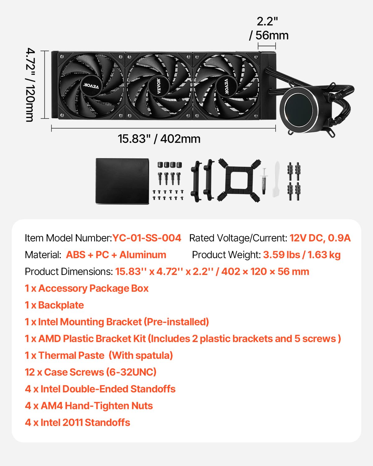 VEVOR Dissipatore di Calore a Liquido per AIO CPU, 3 Ventole PWN Raffreddamento da 120 mm e Pompa, con Display LCD da 283 x 120 x 56 mm, per Intel 115X/1366/2011/1700/1200, AMD AM4/AM5