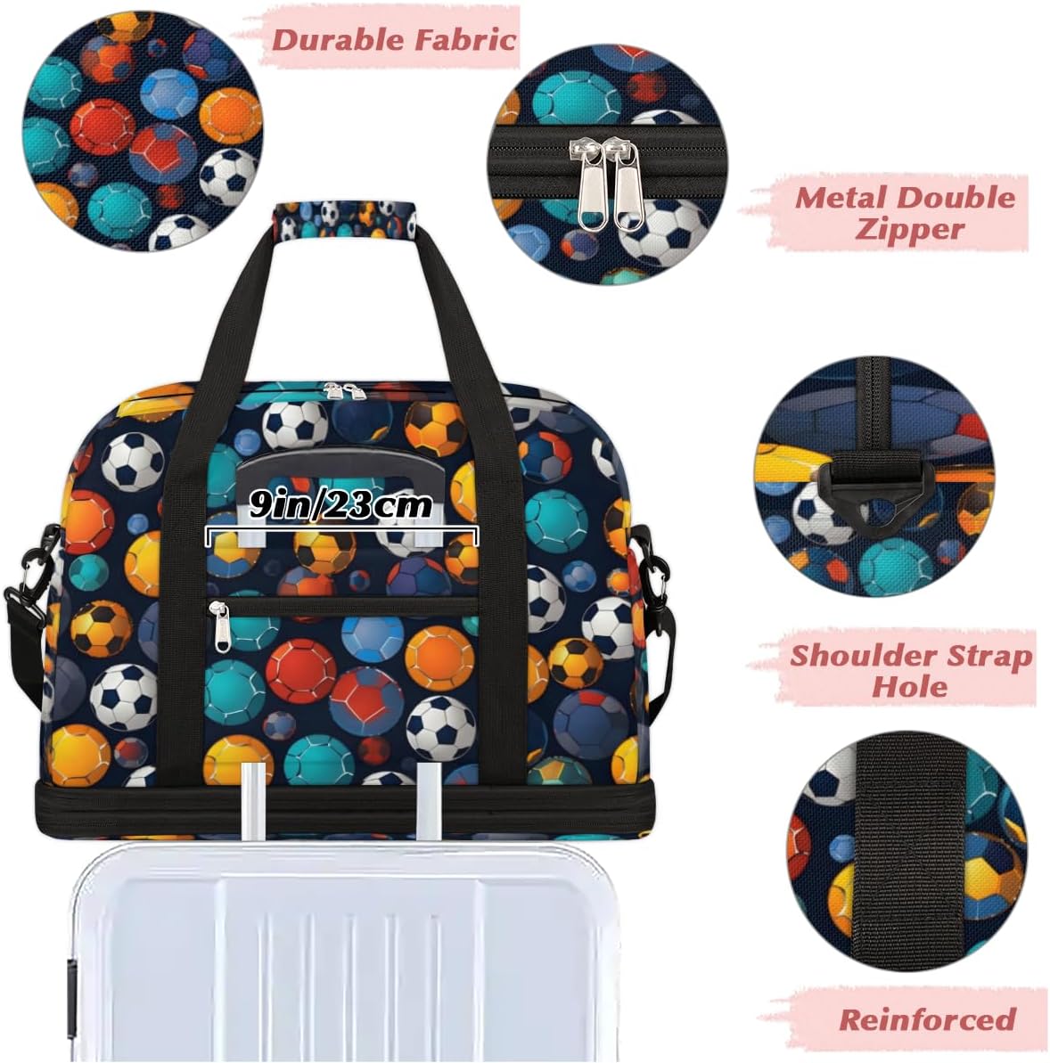 QsirBC Fun Soccer Ball Design Gym Bag for Women Duffle Tote with Shoes Compartment Men Weekender Duffel for Dance Travel Sports Swimming Overnight