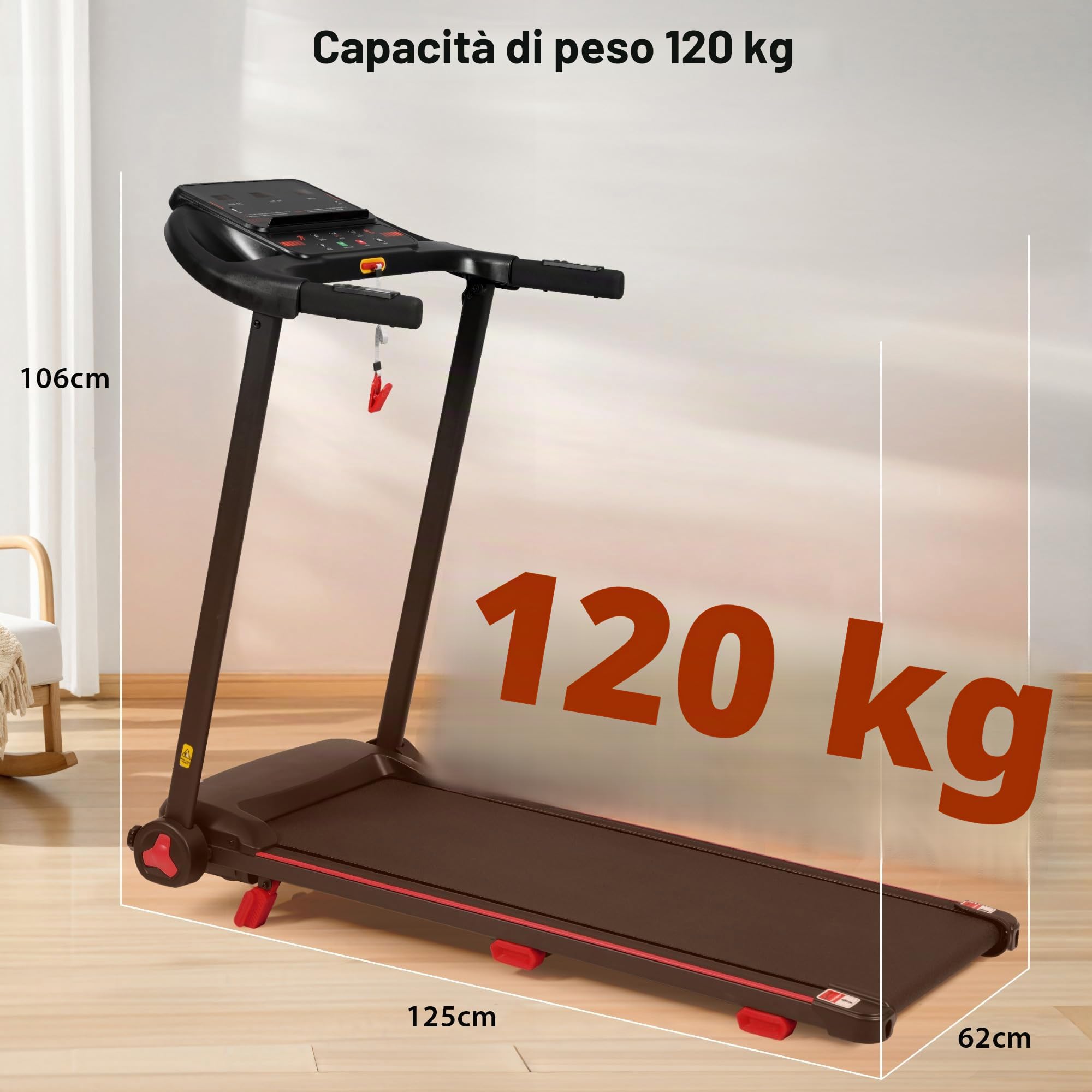 Tapis roulant casa pieghevole con pendenza 8% - Silenzioso Treadmill fino a 14 km/h, motore 3.0 HP, grande battistrada, display LED e Bluetooth, carico massimo 120 kg