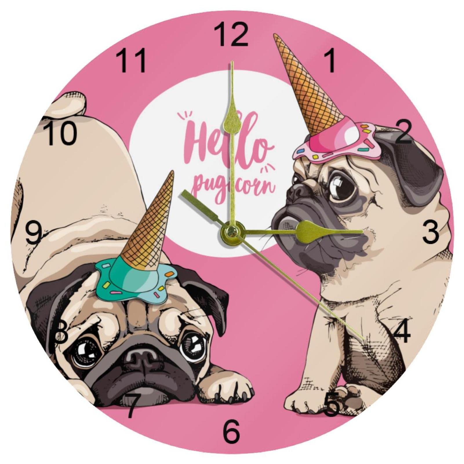 Horloge murale Hello Pugicorn de 25,4 cm avec chiffres arabes