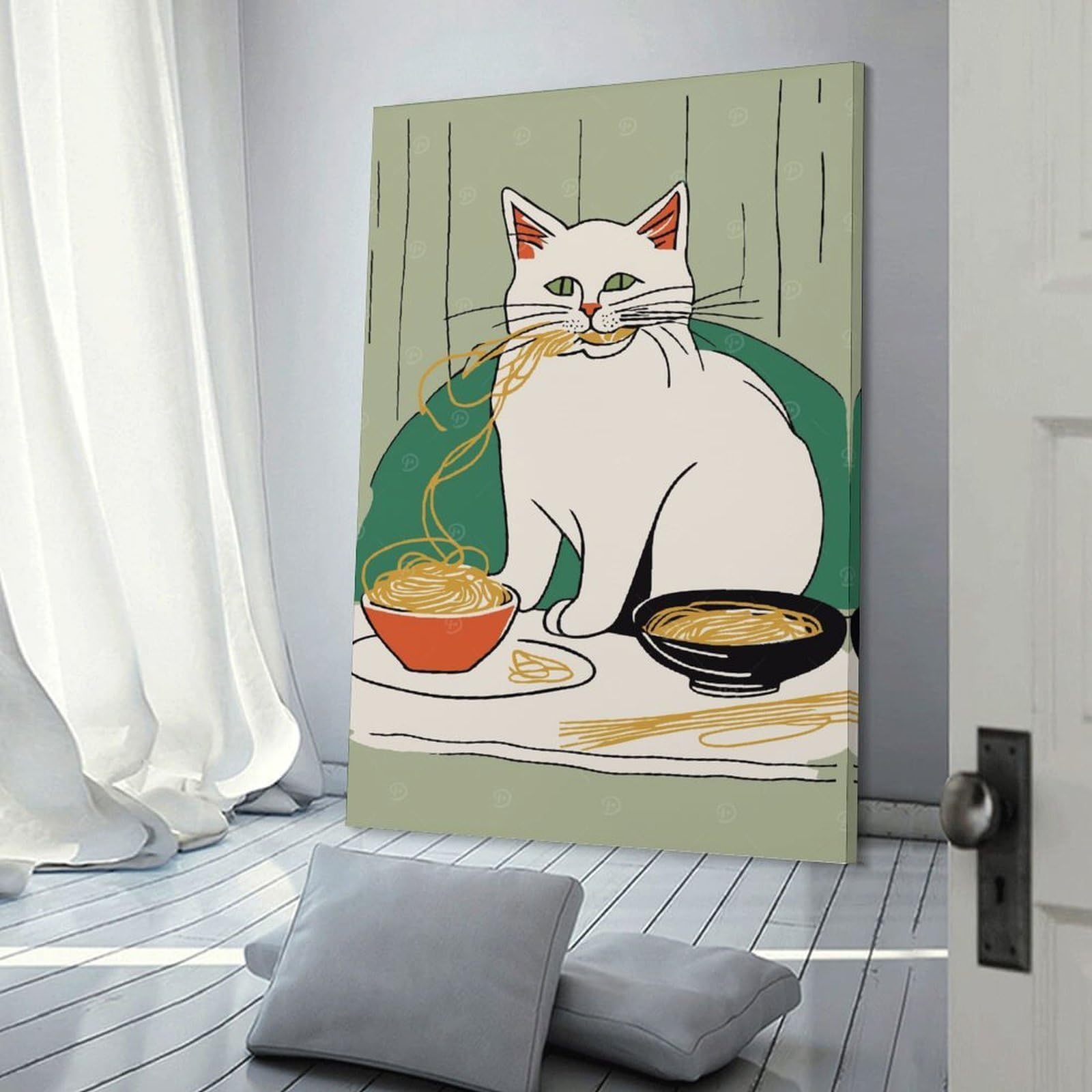 Junmoney Frame-Style-18 Pasta Lover Funny Cat Art Canvas Wall Picture 20X30inch(50X75cm), For Study, Office Or Focused Interiors, Home Office Artwork With Decorative Appeal