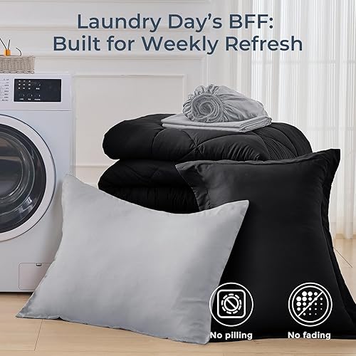 Miniatura 7 de HEVUMYI Juego de edredón Twin-XL - Juego de ropa de cama de 5 piezas para todo el año, Twin-XL, juego de cama ultra suave con edredón, sábana Negro