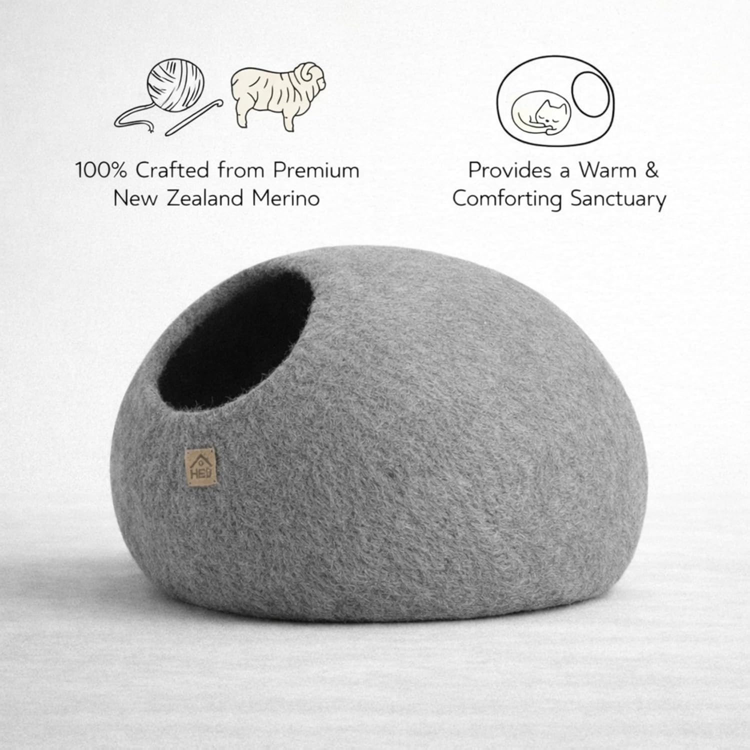 Wool Cat Cave, Handmade Felted Wool Cat Bed for Indoor Cats, Cozy Pet Hideout Pod, Natural Cat House for Kittens & Small Cats, Warm, Durable & Stylish Cat Condo (Medium, Plain Gray)