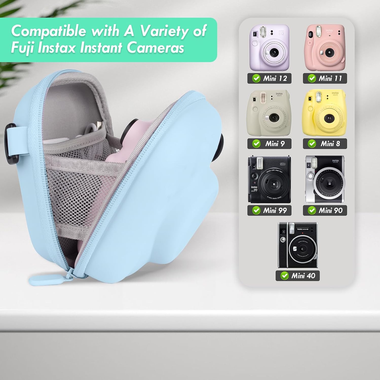 Hard EVA Storage Case Compatible for Instax Mini 13/12/11/99/90/70/40/SE/7+ Instant Camera, Mini Instant Camera Protective Carrying Bag with Adjustable Shoulder Strap - Hydrangea Blue image 2