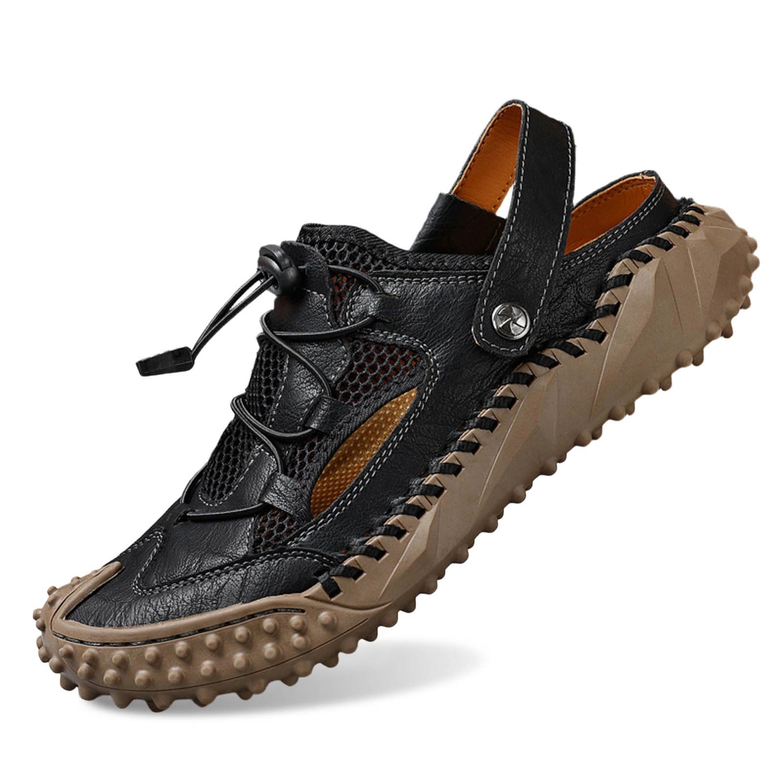 Sandales pour homme en cuir avec semelle intérieure - Sandales d'extérieur - Chaussures de loisirs - Sangle élastique - Sandales de trekking confortables - Sandales de randonnée légères et