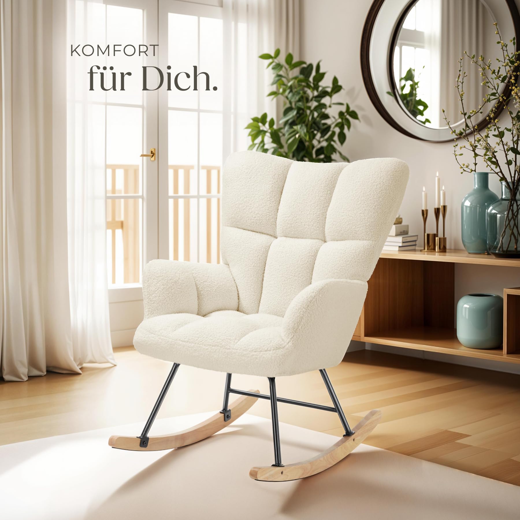 tectake® Skandi Schaukelstuhl, Sessel Wohnzimmer, Relaxsessel, Wohnzimmer Möbel Ohrensessel Vintage Look, Lesesessel, Schaukelsessel, Rocking Chair Babyzimmer, Schlafzimmer - beige
