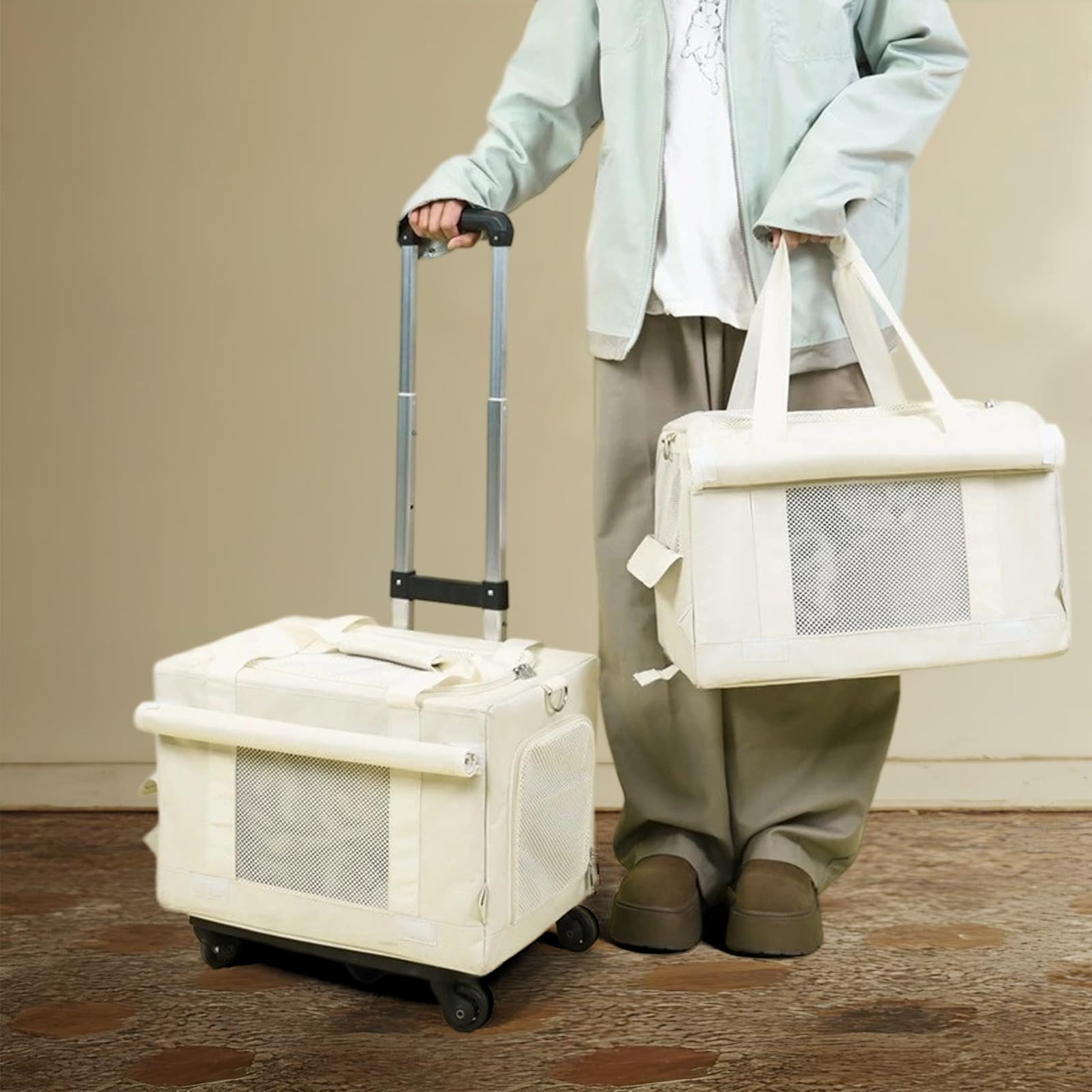 Combo Trasportino per Animali con Carrello e Zaino - Maniglia Staccabile, Ruote e Doppie Borse per 2 Piccoli Animali Domestici Pieghevole Trasportino per Gatti e Cani con Spazio di Stoccaggio