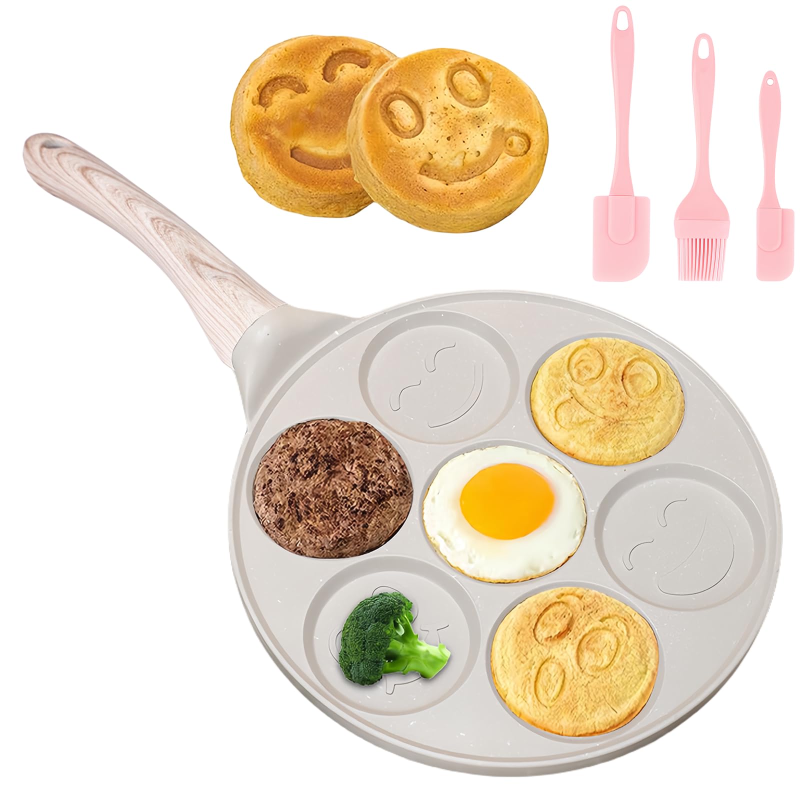 Padella antiaderente per pancake, 26 cm, con sette fori, per crepes Crepes Maker con facce sorridenti, padella per pancake per gas, ecc, padella per uova fritte per omelette, frittelle, hamburger