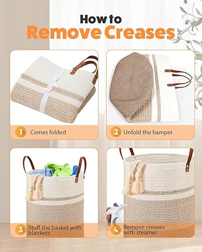 Miniatura 6 de MOXTOYU Cesta alta para ropa sucia, cesta de yute con asas de cuero, cesta de lavandería tejida para almohadas, mantas, juguetes, cesta decorativa