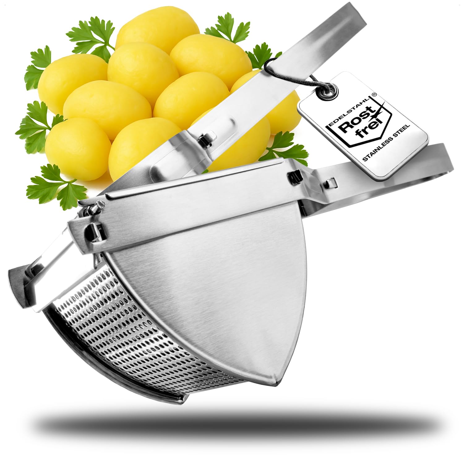 com-four® Kartoffelpresse aus rostfreiem Edelstahl, spülmaschinengeeignet - Spätzlepresse - Spaghettieispresse - Kartoffelstampfer
