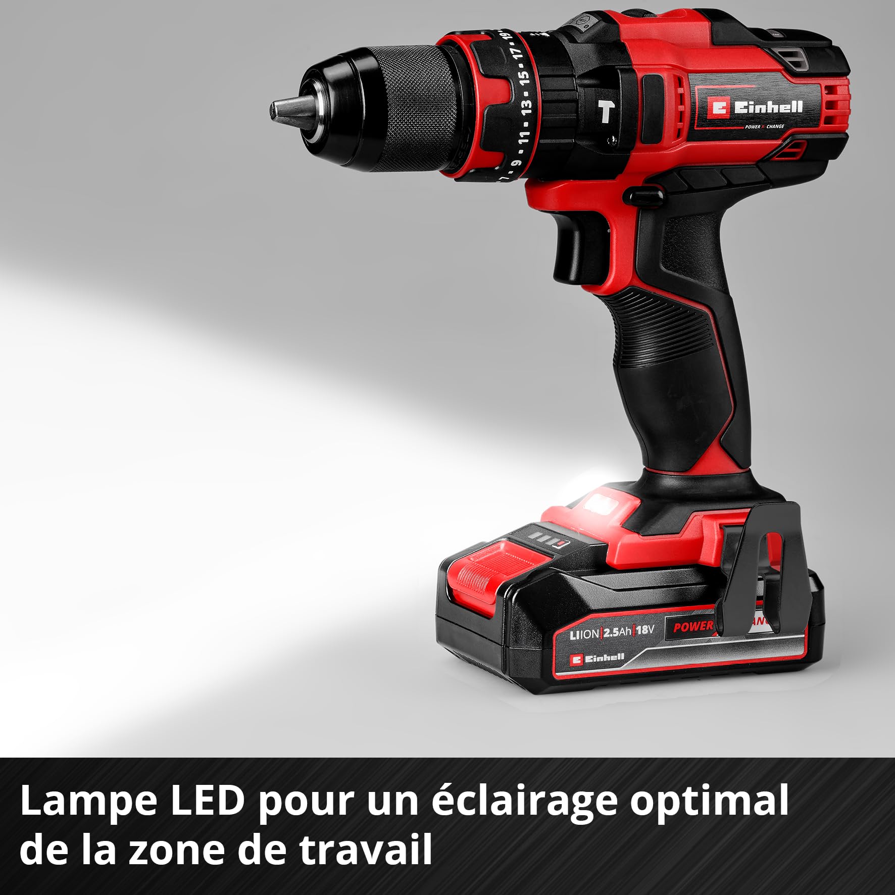 Einhell Perceuse-visseuse à percussion sans fil TE-CD 18/44 Li-i (1 x 2,5 Ah) Power X-Change (18 V, 44 Nm, perçage à percussion, mandrin métallique 13 mm, 2 vitesses, avec batterie 2,5 Ah et chargeur)