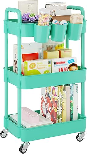 UDEAR Carrito utilitario rodante de 3 niveles, estantes de almacenamiento multifuncionales con asa y ruedas con cerradura para habitación, oficina