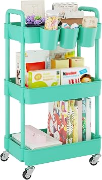 UDEAR 3-Tier Rolling Utility Cart,Multifunctional Storage Shelves with Handle and Lockable Wheels for Room,Office,Kitchen,Bathroom,with 3 Hanging Cups,Green