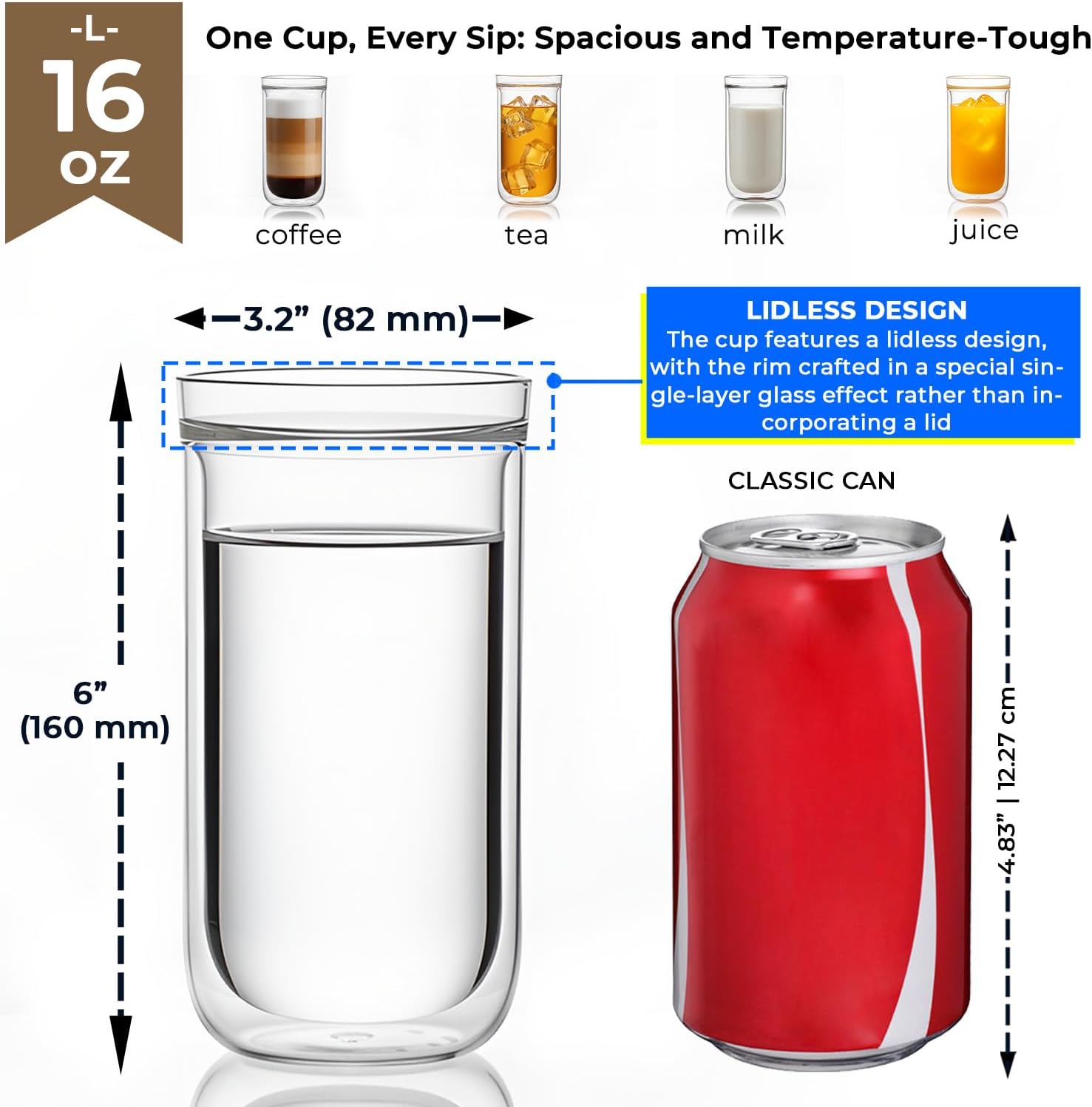 Aquach Double Wall Glass Cup 16oz 2pcs, Clear Insulated Coffee Drinking Glasses, Single Mouth/Double Body - Image 4