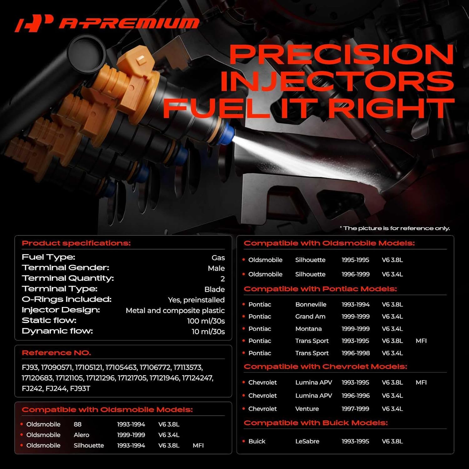A-Premium 3 Holes Fuel Injectors 6 Pcs Compatible with Buick LeSabre 1993-1995 & Chevrolet Lumina APV, Venture & Oldsmobile 88, Alero, Silhouette & Pontiac Bonneville, Grand Am, Montana, Trans Sport