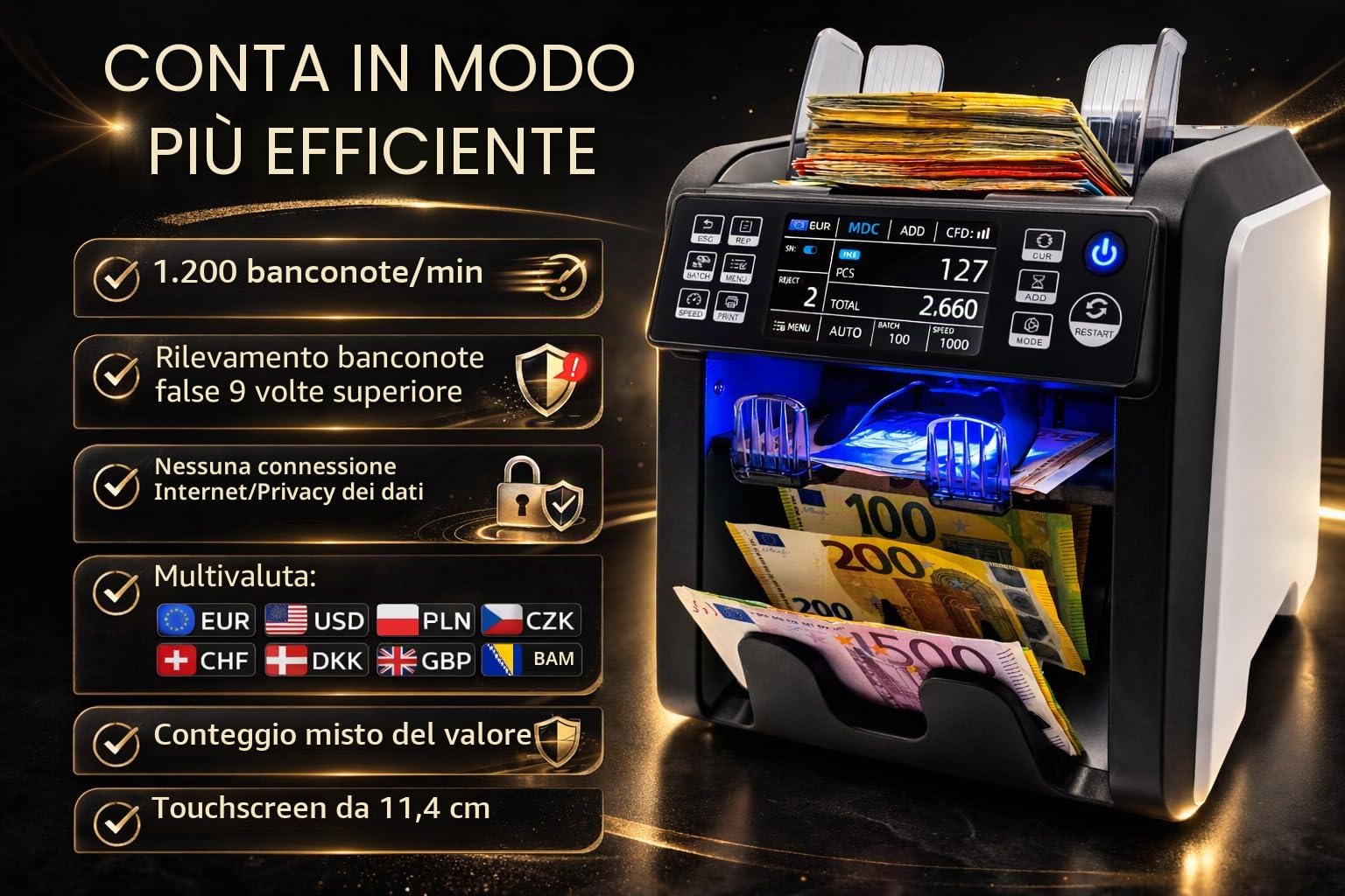 BEITZ BS-950A - Contatore di banconote con sistema a 2 tasche, testato dalla BCE, contatore di valori e contraffazioni (9 volte), contatore di banconote con tecnologia 2CIS, display touch