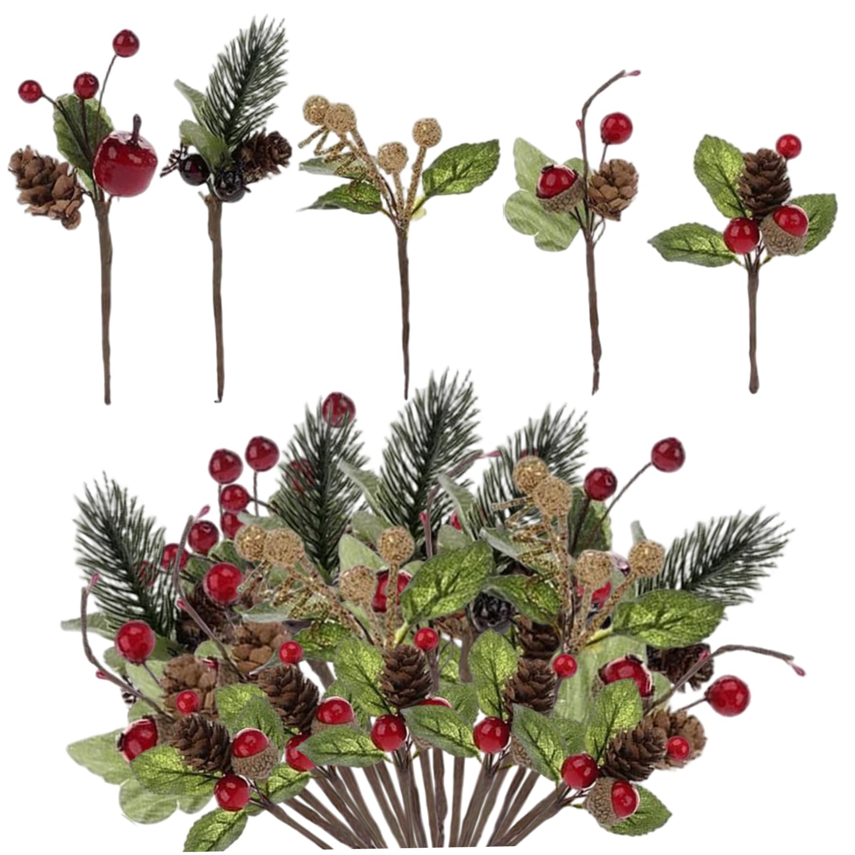 Baies rouges de Noël avec aiguilles de pin artificielles Rachlicy pour déco de table - 30 pcs