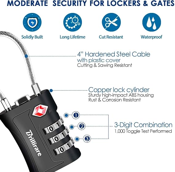 2 Pack TSA Approved Luggage Locks, Combination Travel Cable Padlock, 3-Digit Waterproof Lock, TSA Accepted Outdoor Keyless Resettable Lock for Lockers, Bags, Gym, Gate-Black