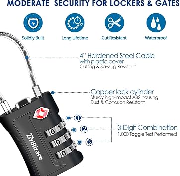 2 Pack TSA Approved Luggage Locks, Combination Travel Cable Padlock, 3-Digit Waterproof Lock, TSA Accepted Outdoor Keyless Resettable Lock for Lockers, Bags, Gym, Gate-Black