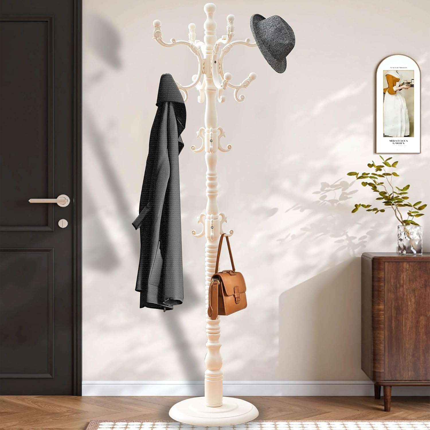 73'' Vintage Coat Racks Freestanding with 20 Metal Hooks, Solid Wood Coat Rack Hanger Stand with 3 Adjustable Size, Heavy Duty Coat Rack Tree for Entryway, Bedroom, Hallway, Office, Apartment