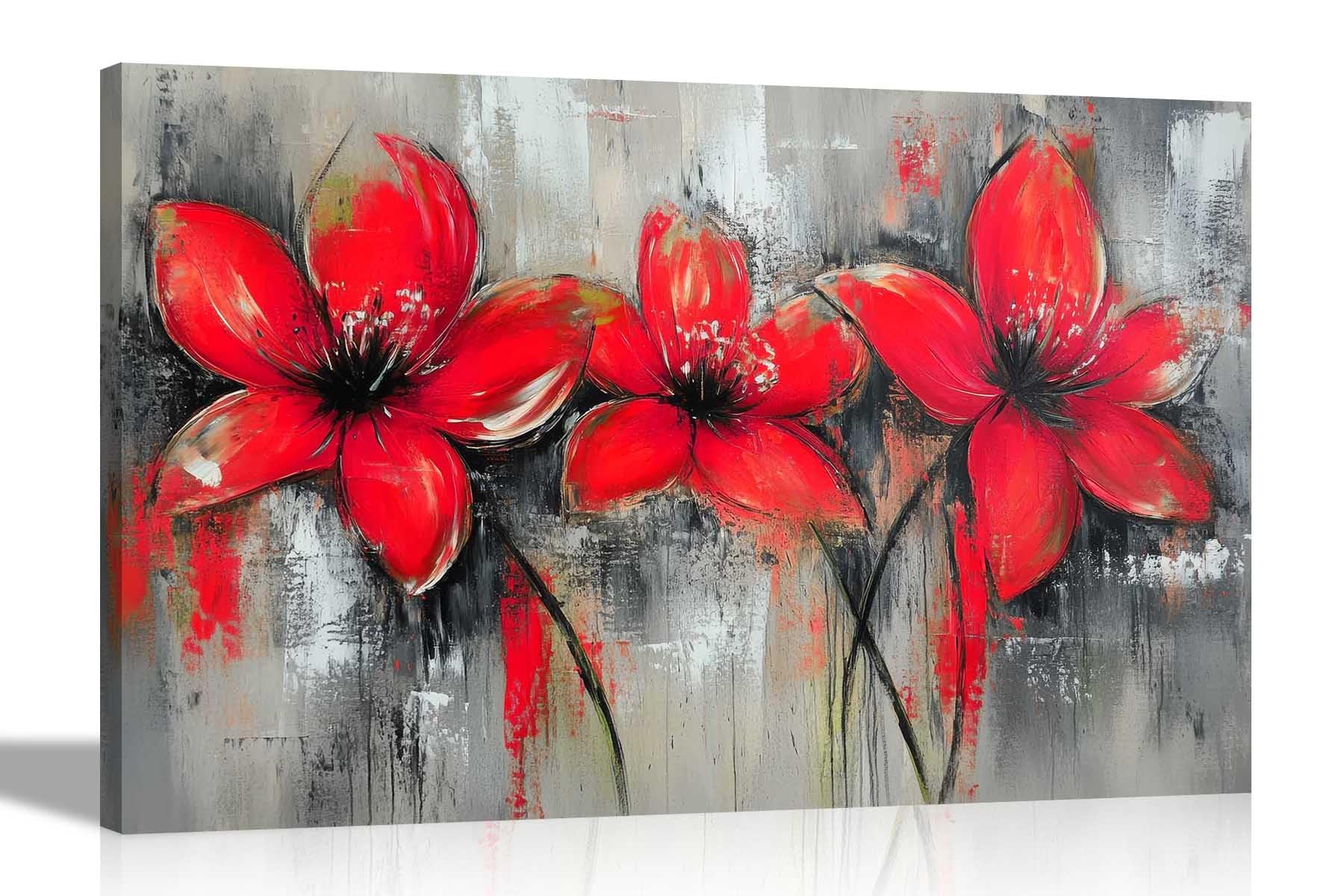 Artley Prints Rustic Flower Red Land - Rustic Grey Abstract Red Flowers Canvas Prints Art For Living Room, Conservatory, Hallway Ready To Hang Wall Decor Large 86 X 61Cm (34 X 24 Inches) A1