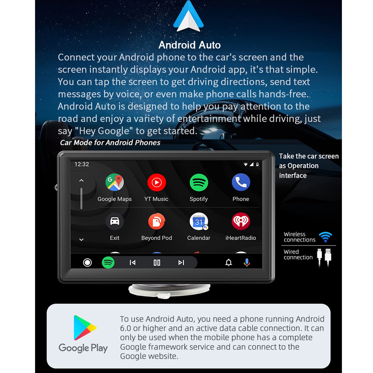 Autoradio portatile compatibile for wireless Carplay e Android Auto, auto stereo monitor 7" con telecomando, telecamera posteriore, Mirror Link, Bluetooth, trasmettitore FM, porta scheda AUX/USB/TF