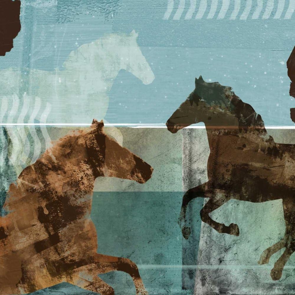 ART-CANVAS-stretched-on-WOODEN -BARS Around the Stable II Meneely Dan - Animals square image Horses blue brown equestrian stable kentucky derby Fine art print 36_X_36_in