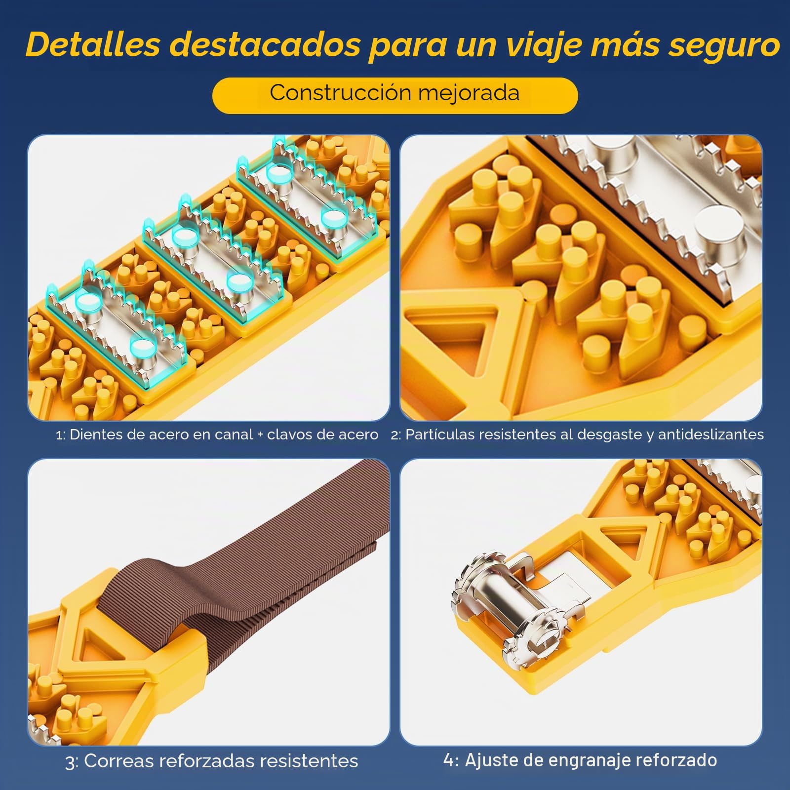 Cadenas de nieve 8 piezas antideslizantes y ajustables para neumáticos de 165-255 mm - Fácil de instalar, con púas, para coche, SUV, camión (Amarillo)